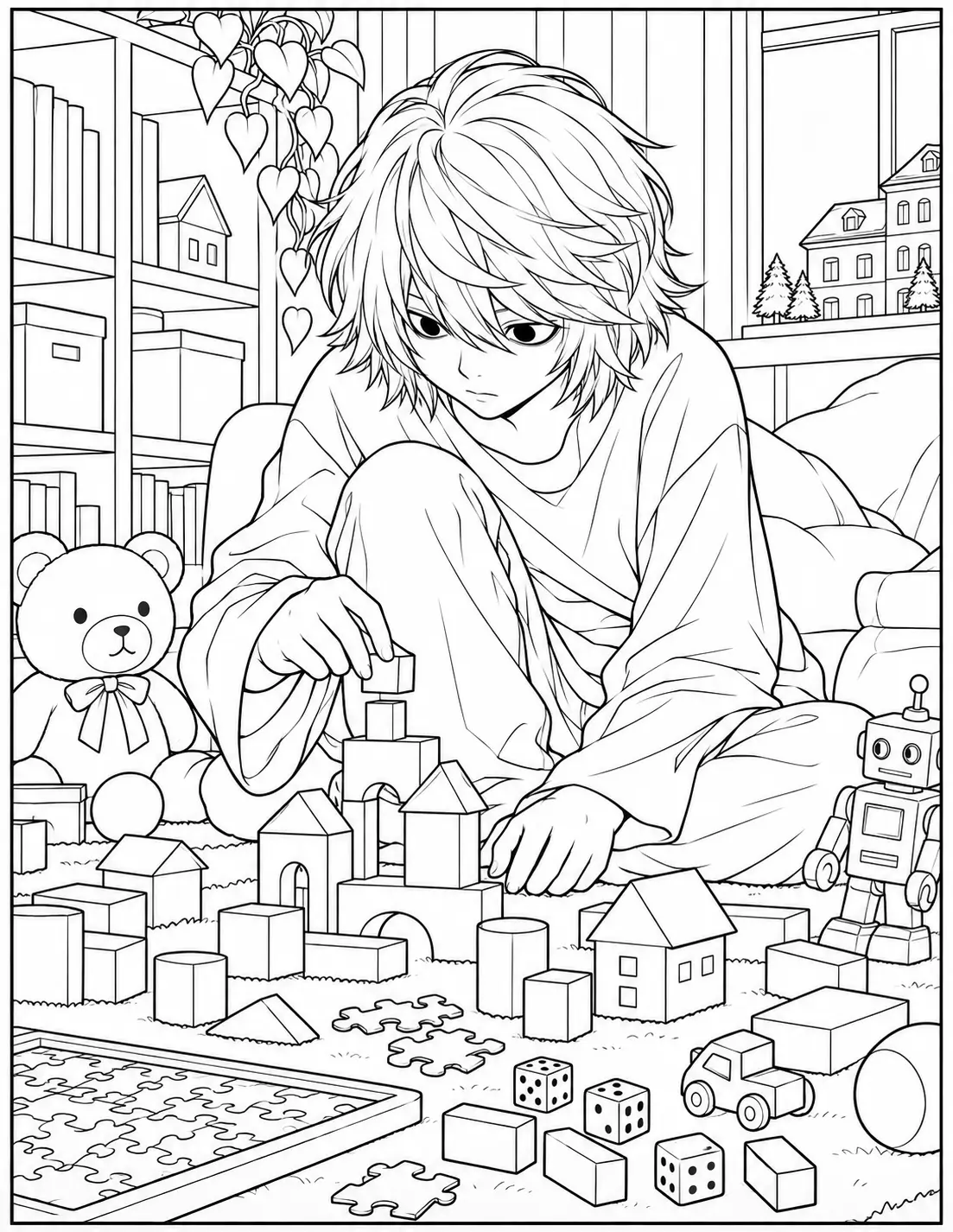 Near playing with toys blocks and puzzle pieces coloring page