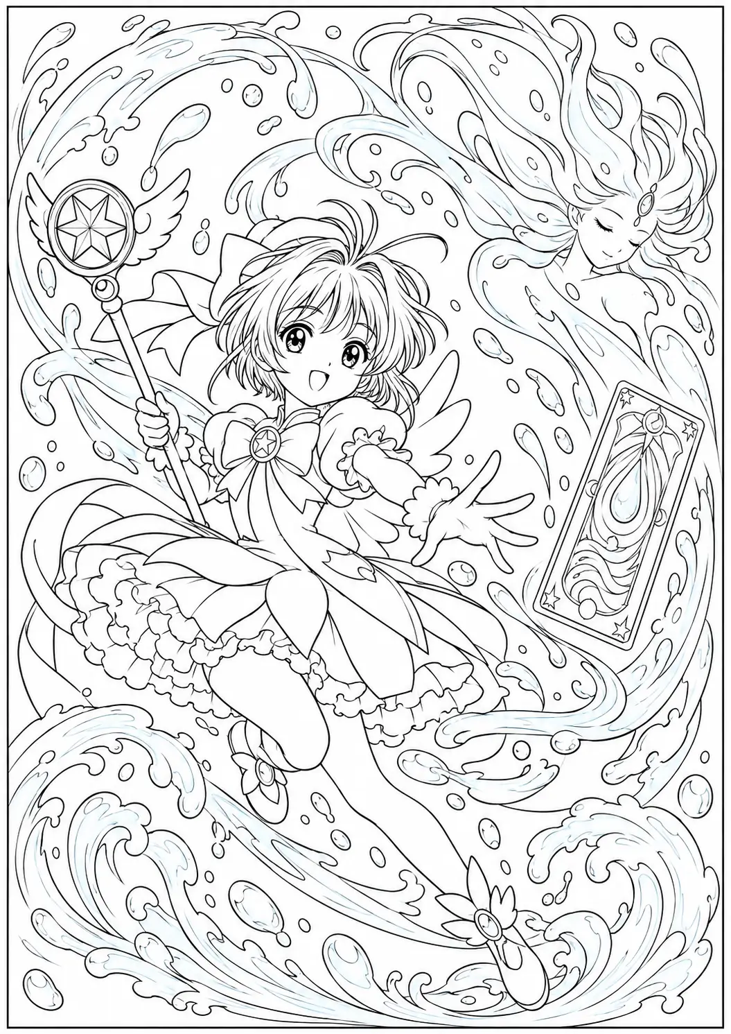 Sakura casting water magic with curling waves and water droplets