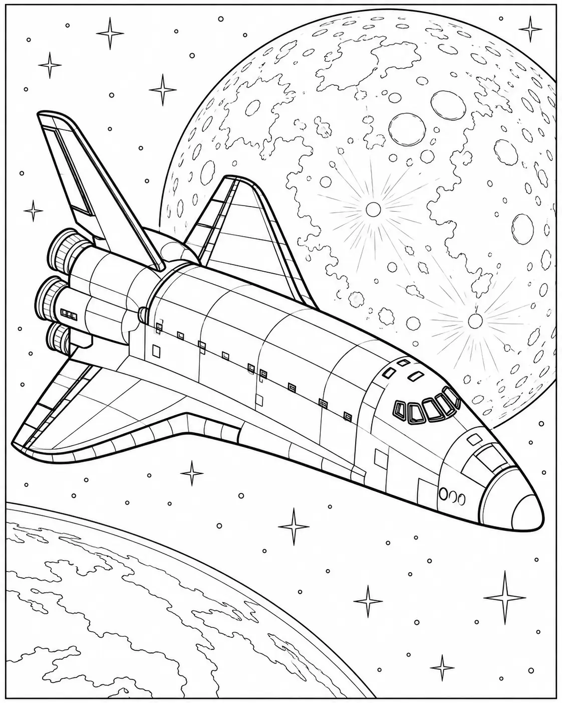 Space shuttle flying near the Moon coloring page