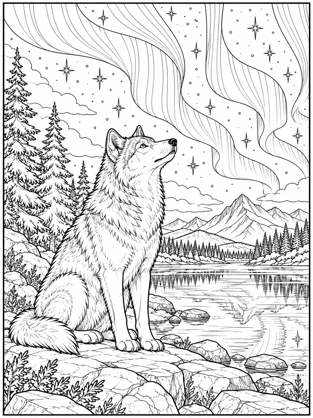 Wolf beneath northern lights beside a mountain lake coloring page