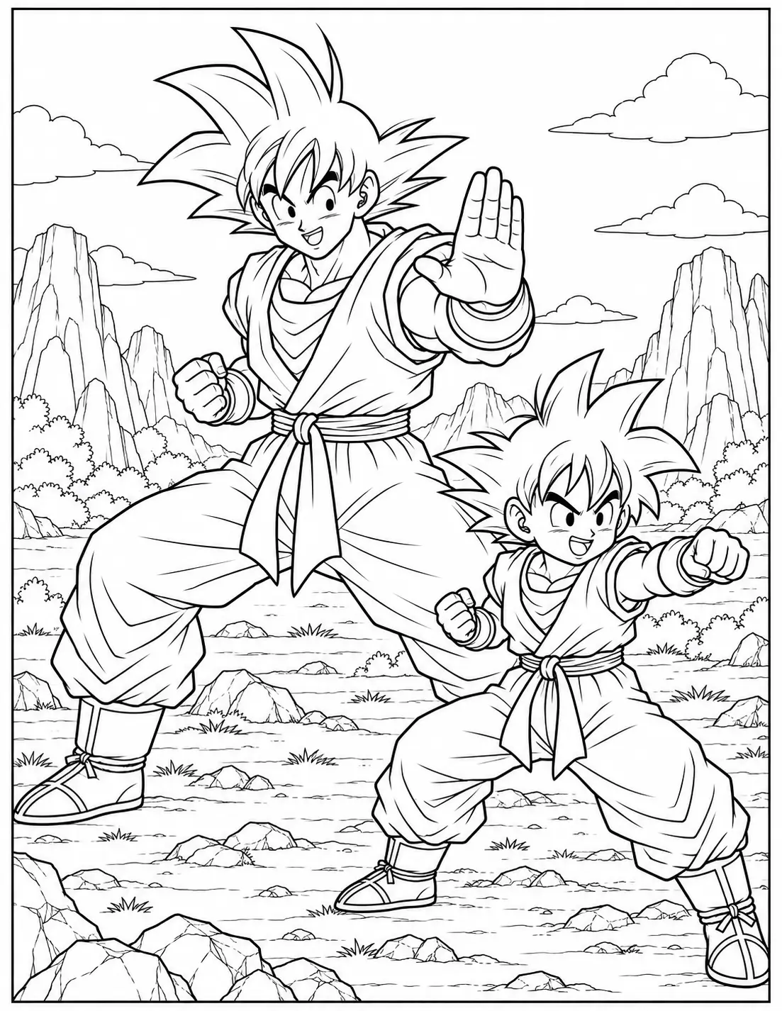 Goku and Gohan practicing fighting poses together coloring page