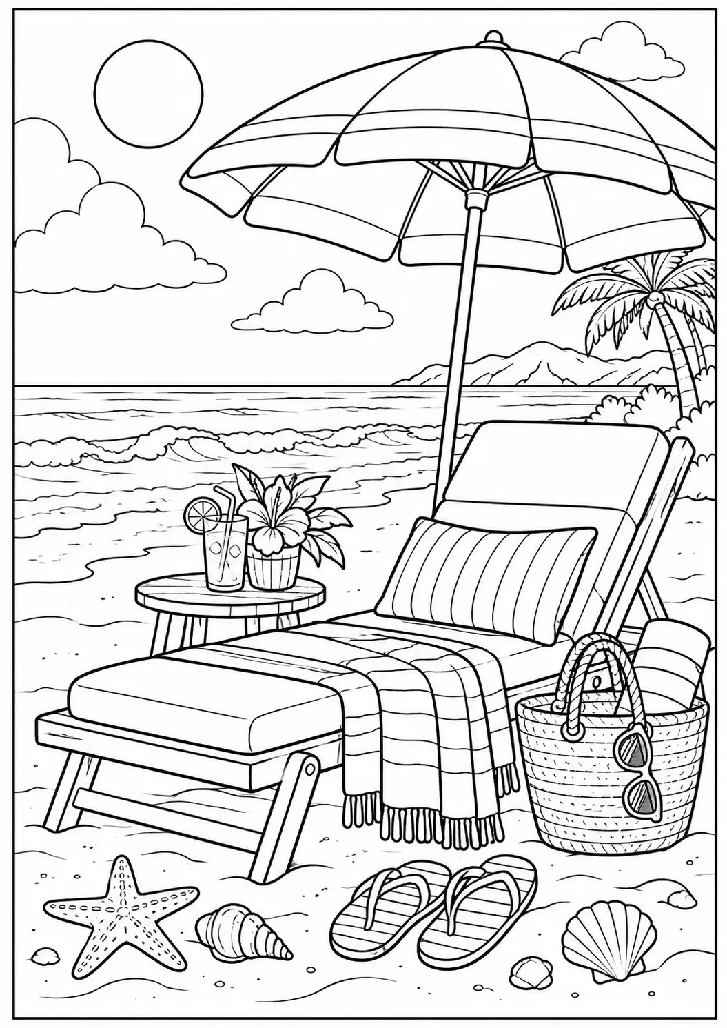 Beach relaxation coloring page for adults with a lounge chair, umbrella, ocean, and shells