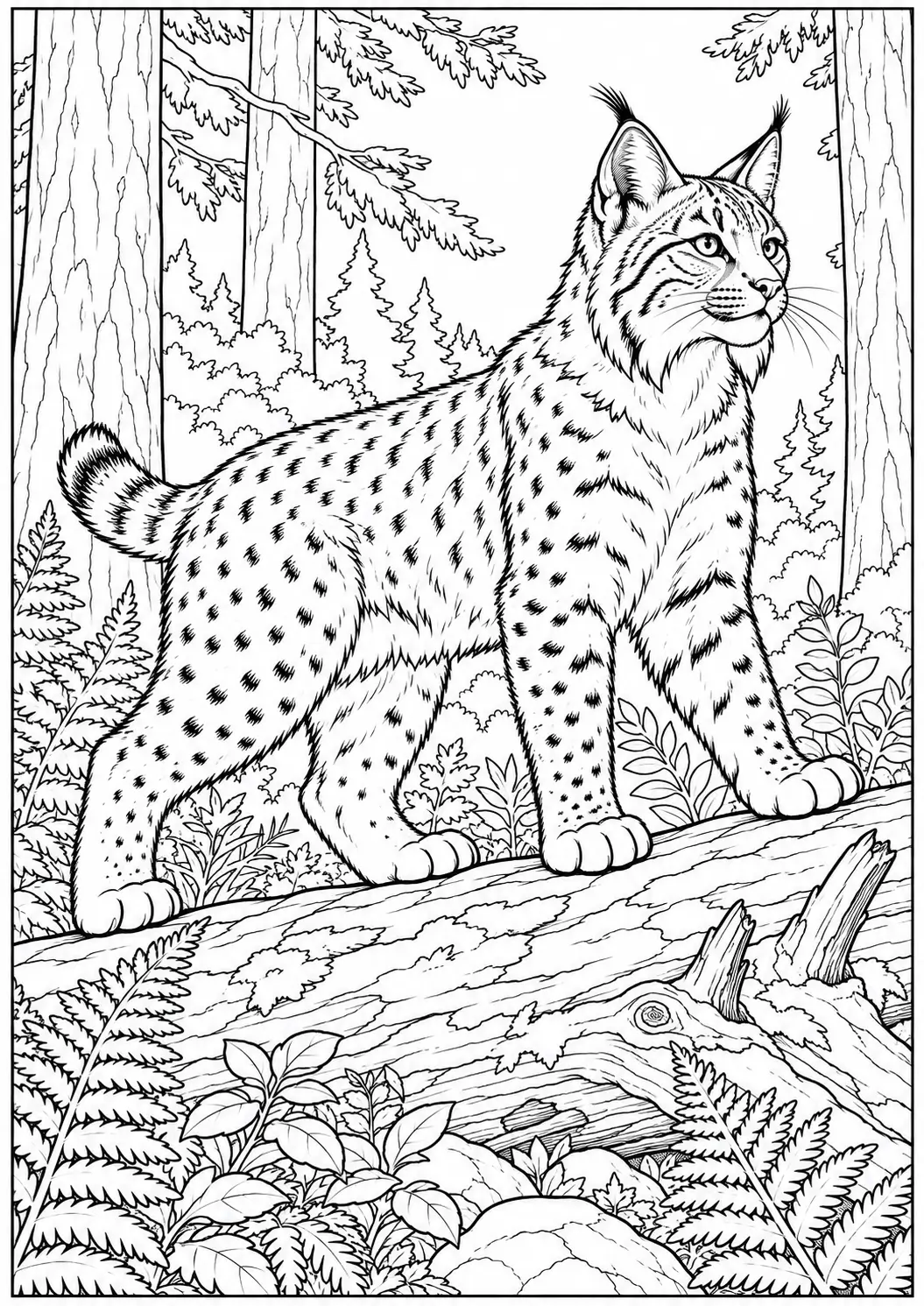 Bobcat standing on a fallen log in the forest coloring page