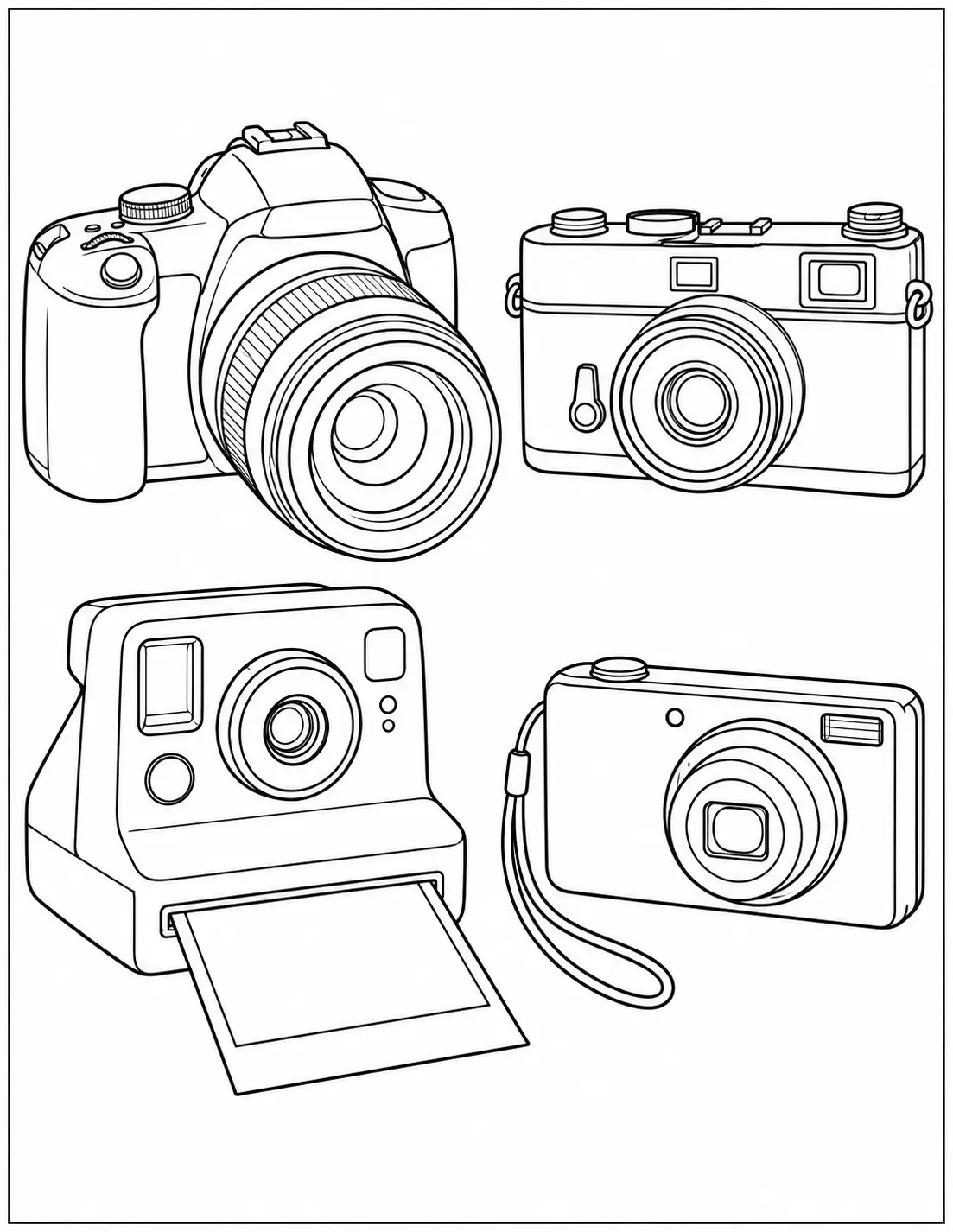 Camera collection coloring page with DSLR, film, instant, and compact cameras