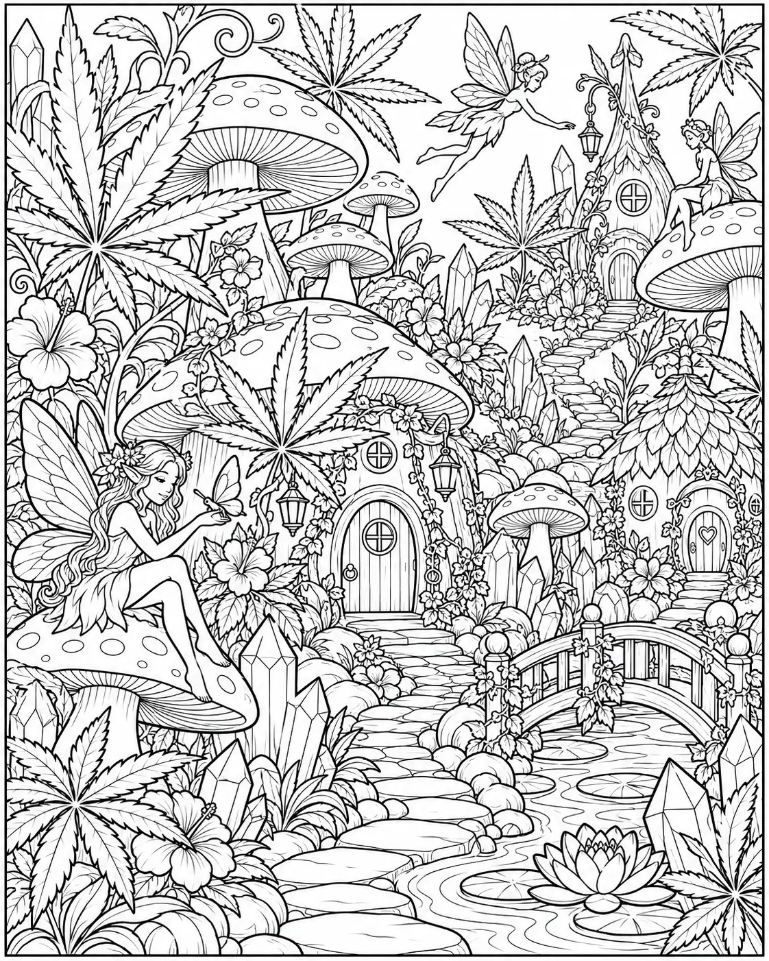 Cannabis fairy garden with mushrooms crystals and tiny houses coloring page