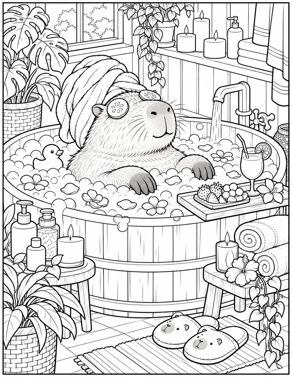 Funny adult coloring page of a capybara relaxing in a bubble bath