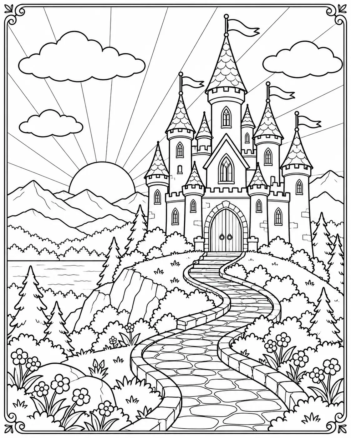 Castle at sunset with sun rays, mountains and a winding stone path coloring page