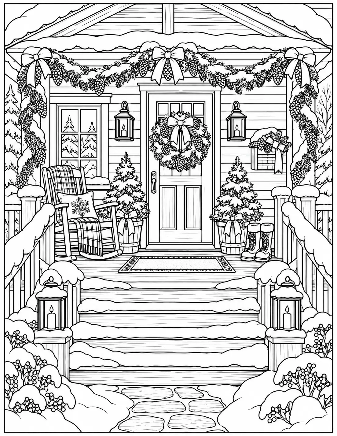 Decorated winter front porch with wreaths and lanterns coloring page for adults