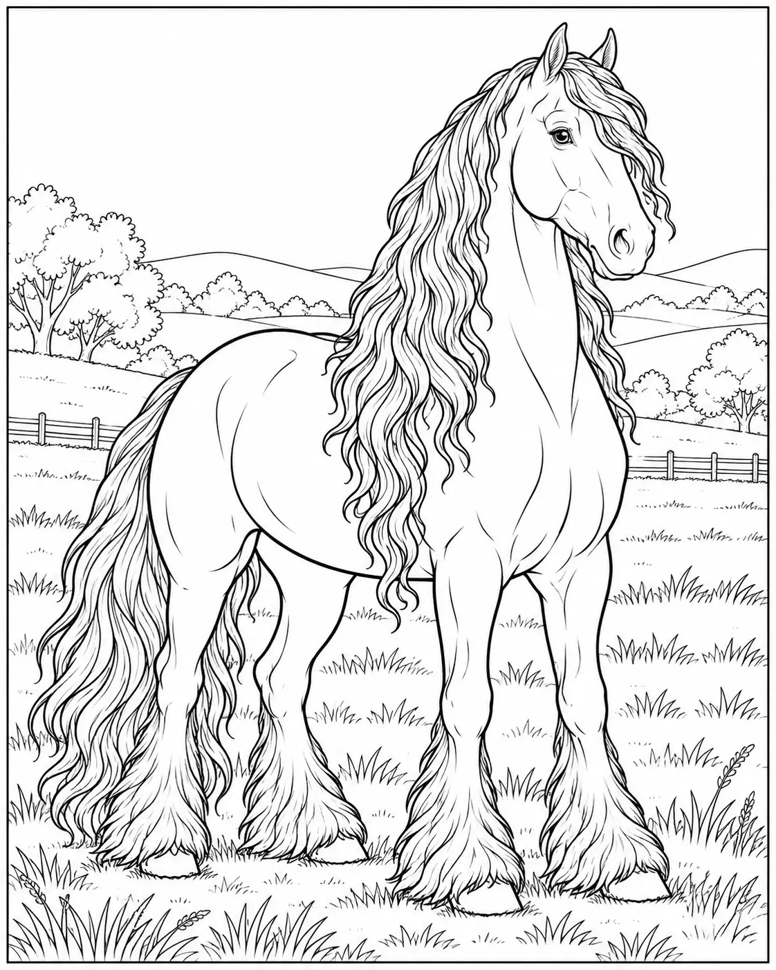 Friesian horse with a long wavy mane coloring page
