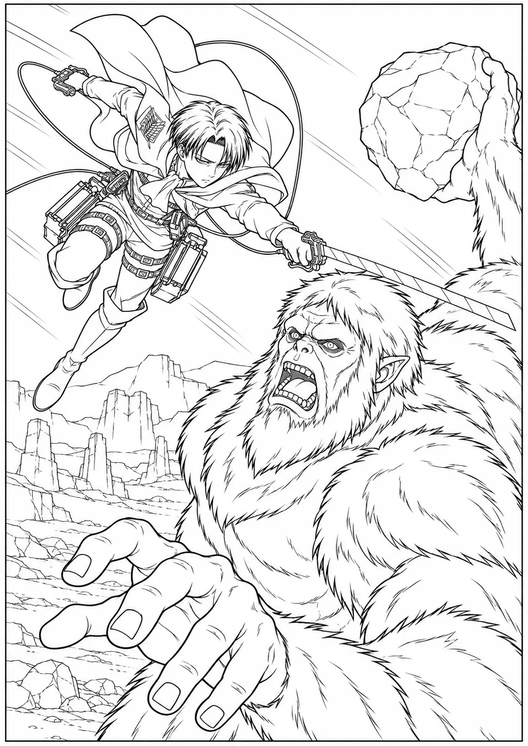 Levi fighting the Beast Titan coloring page