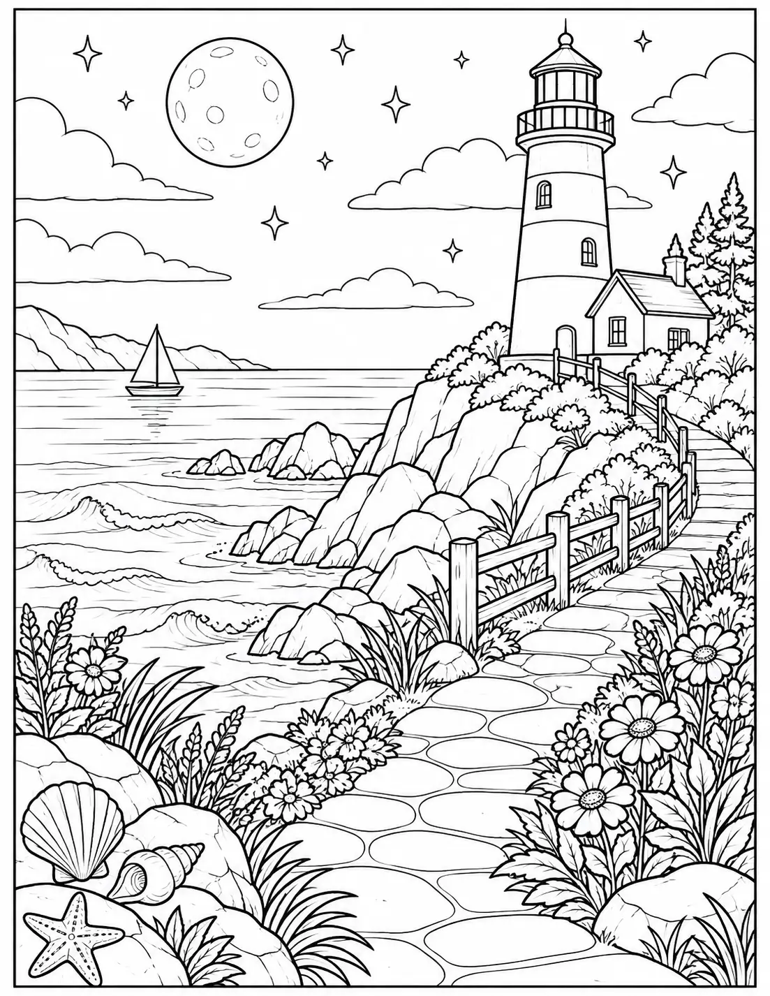 Moonlit lighthouse by the sea recovery coloring page