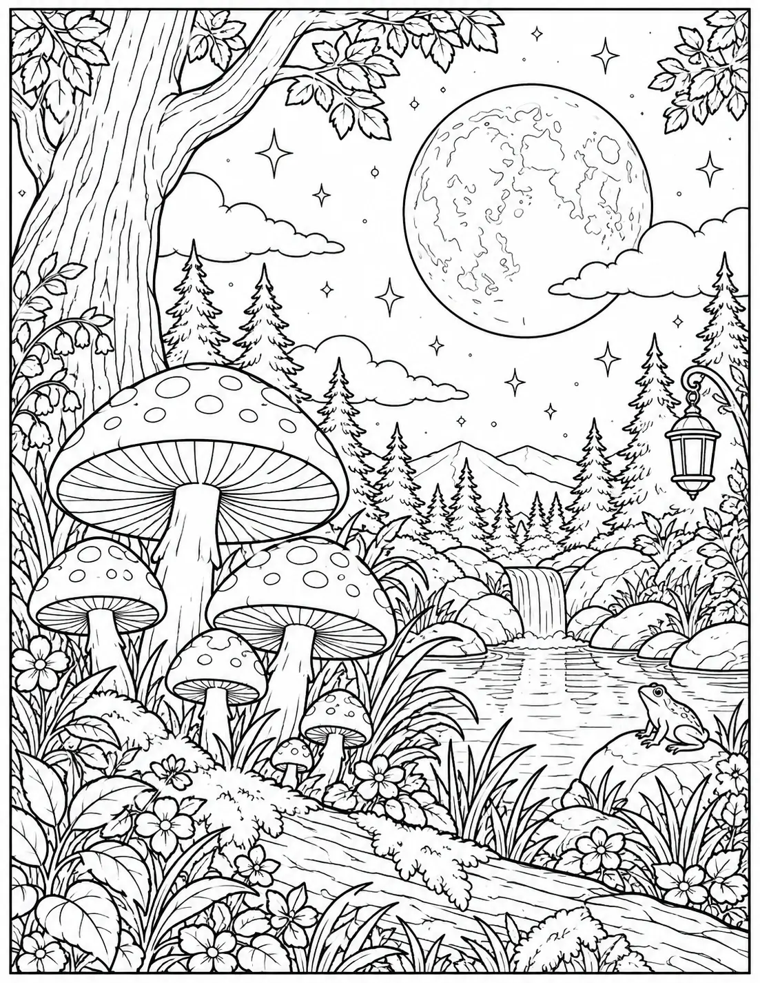 Moonlit mushroom forest coloring page with a large moon