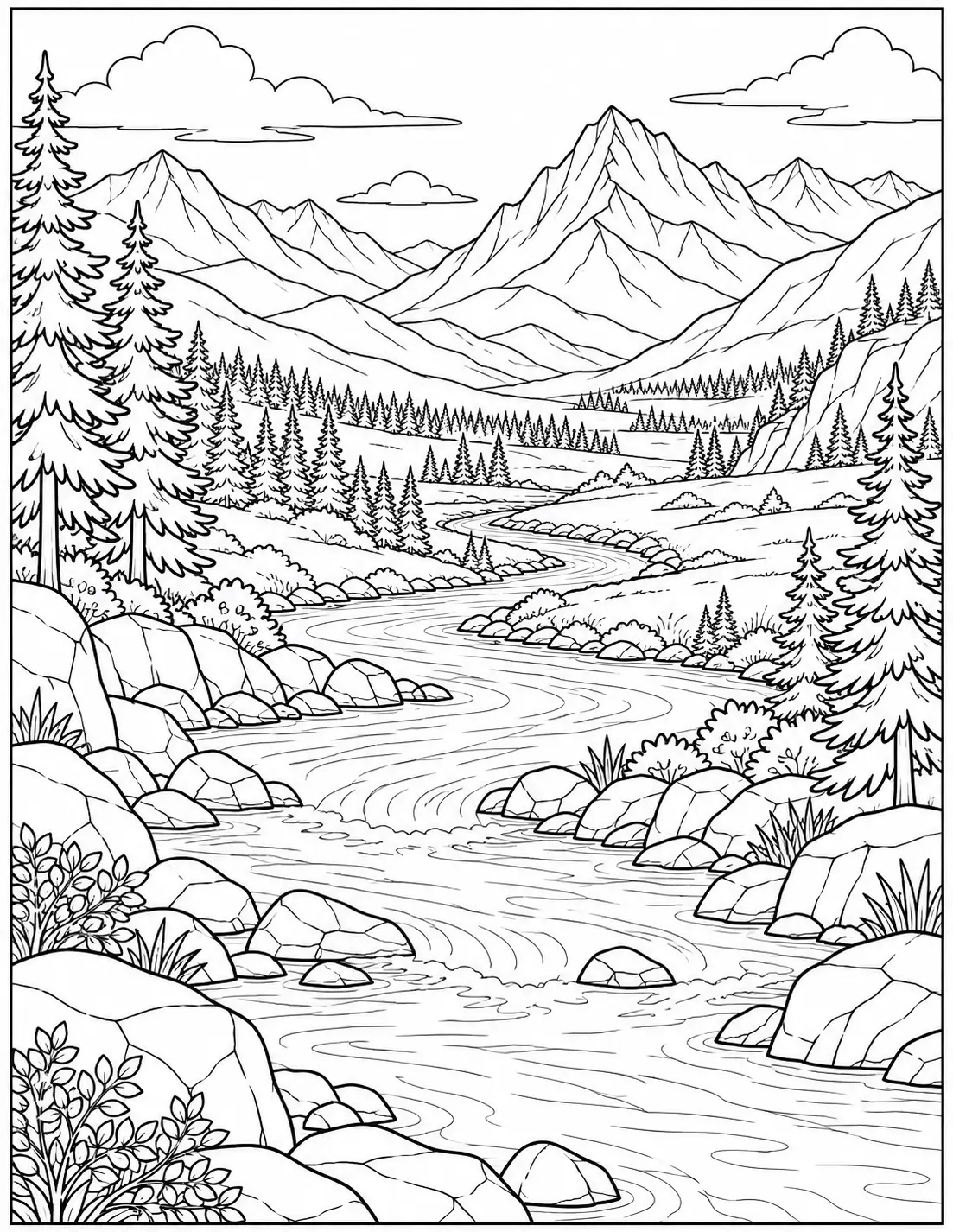 Mountain river valley landscape coloring page