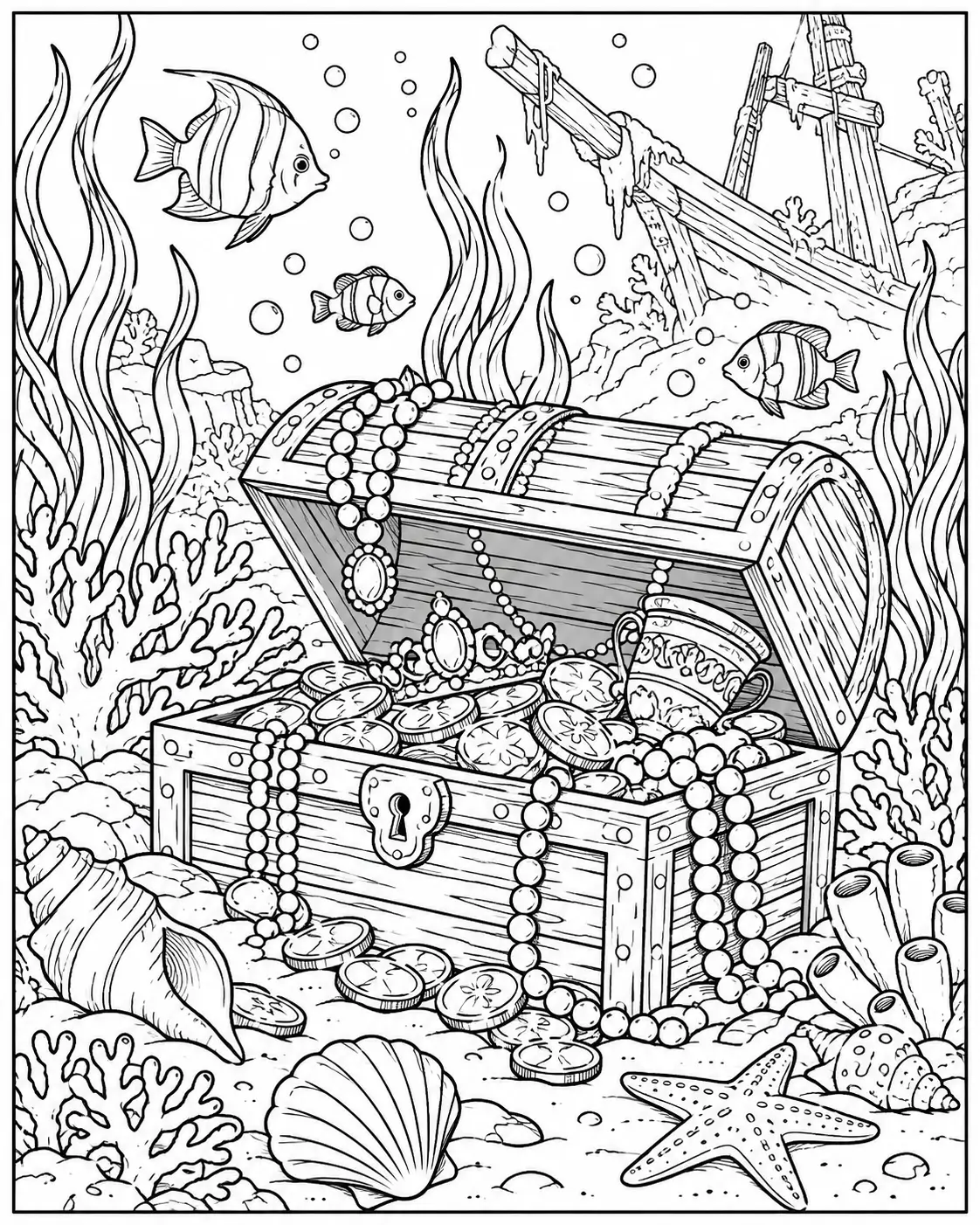 Sunken treasure chest on the ocean floor coloring page
