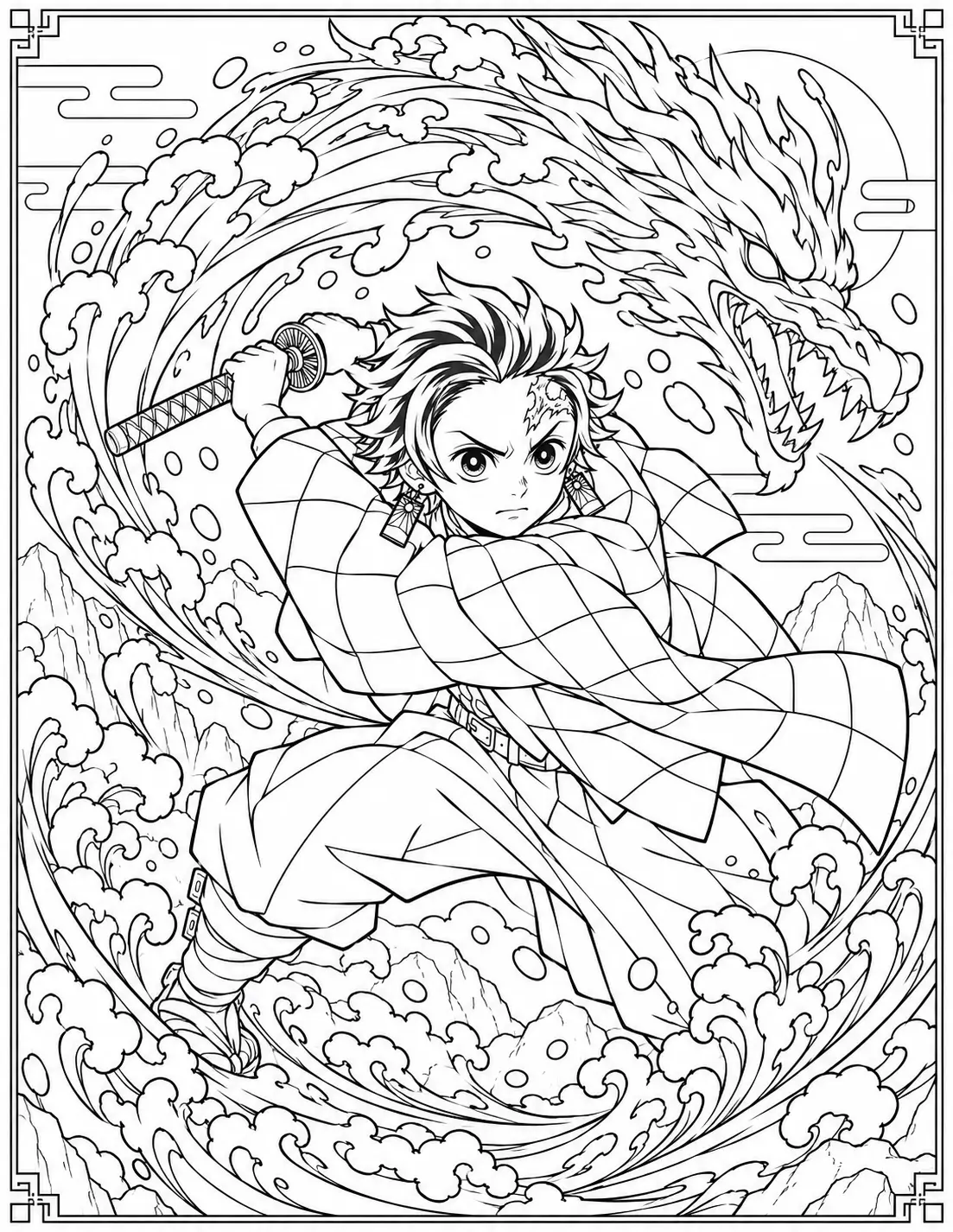 Tanjiro Kamado using a Water Breathing dragon attack coloring page