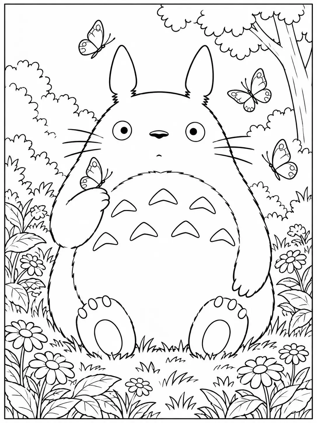 Totoro sitting with butterflies and flowers coloring page