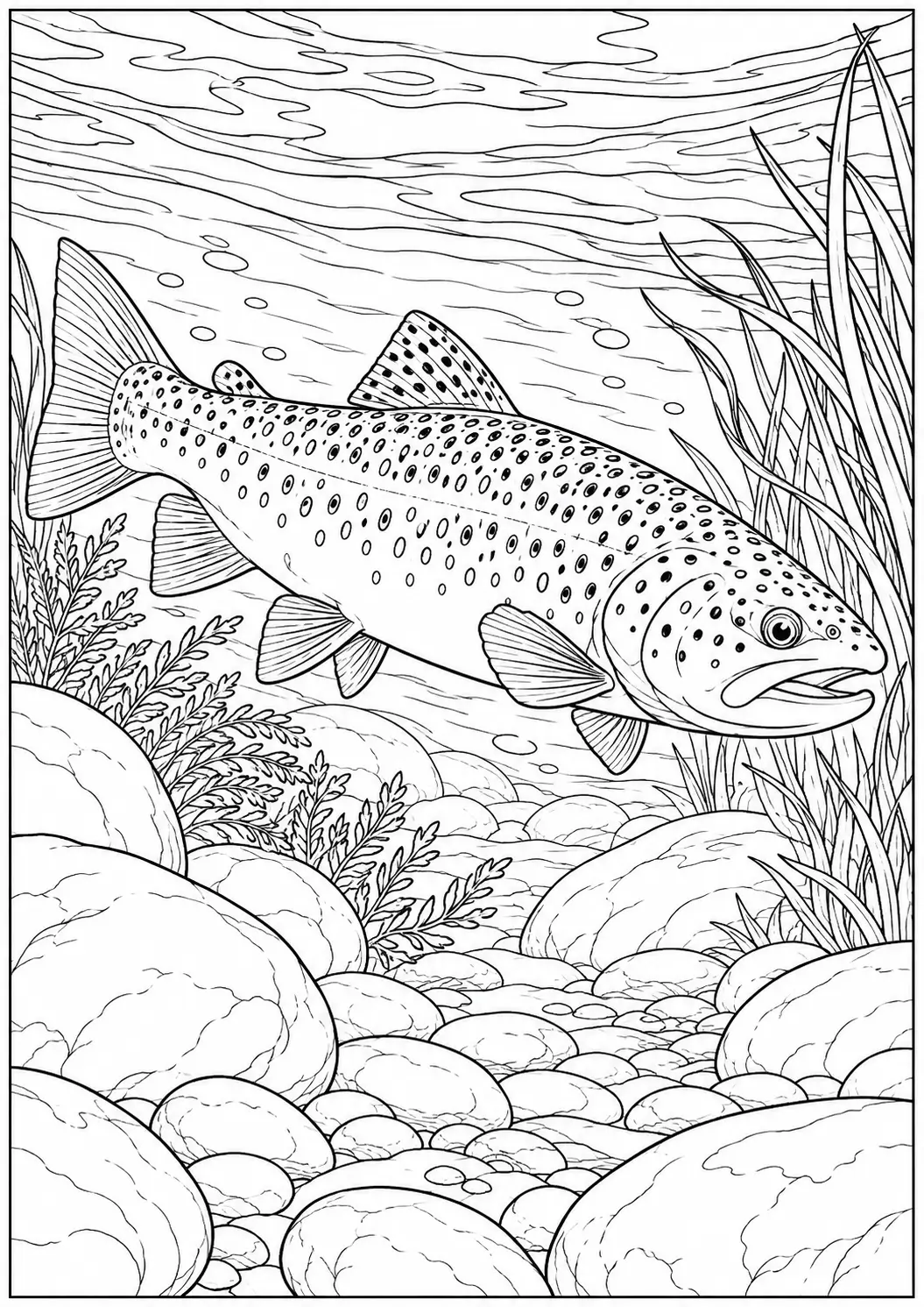 Trout swimming through a rocky river coloring page for adults