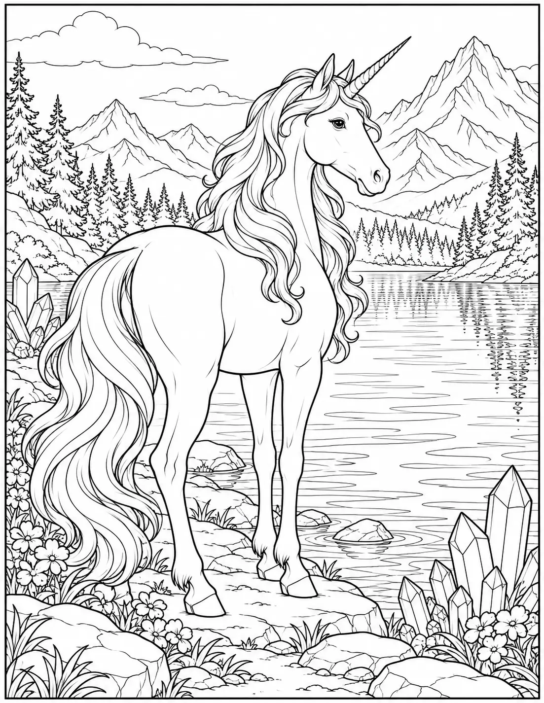 Unicorn beside a crystal lake with mountains and crystals coloring page for adults
