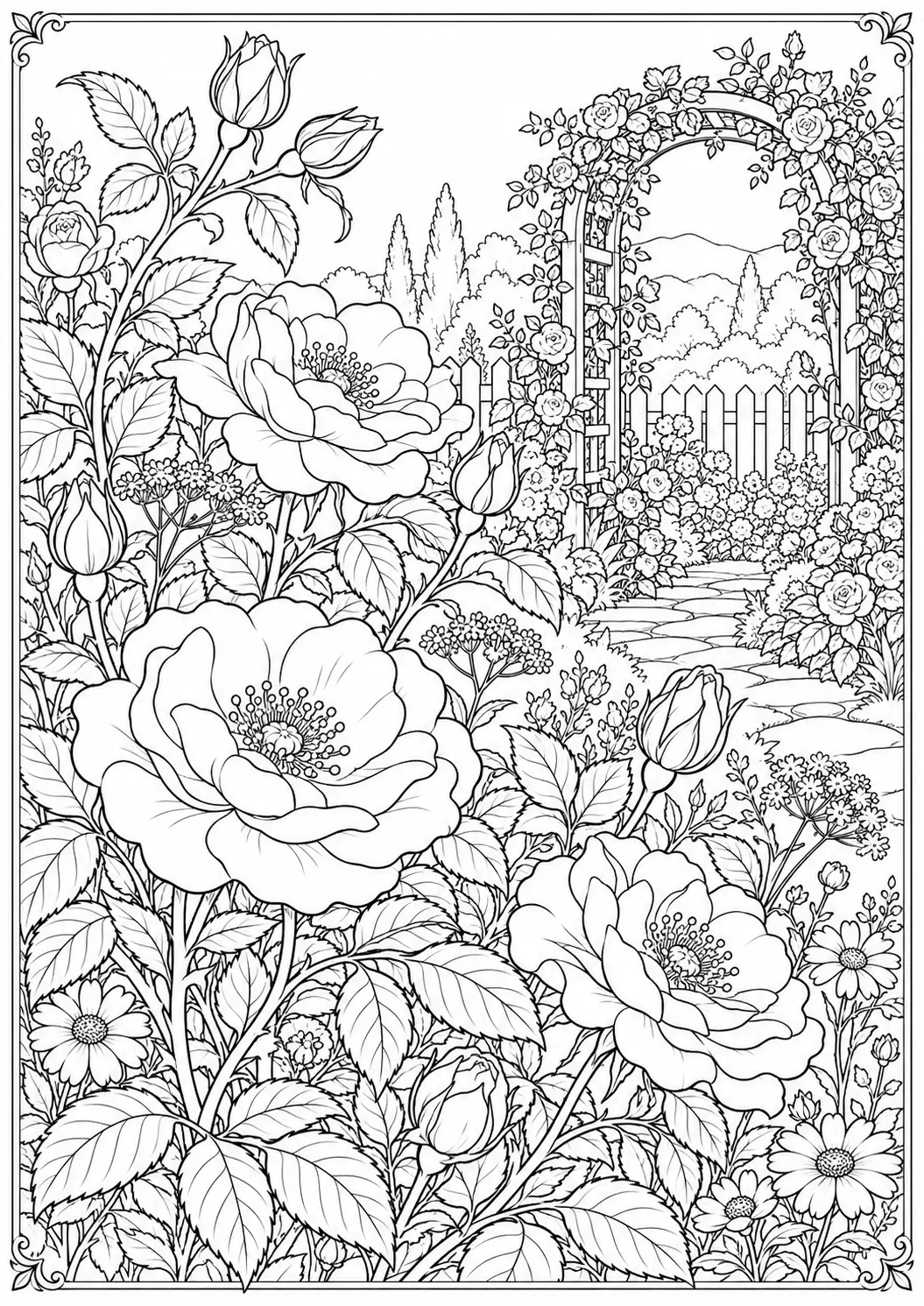 Wild rose garden coloring page for adults