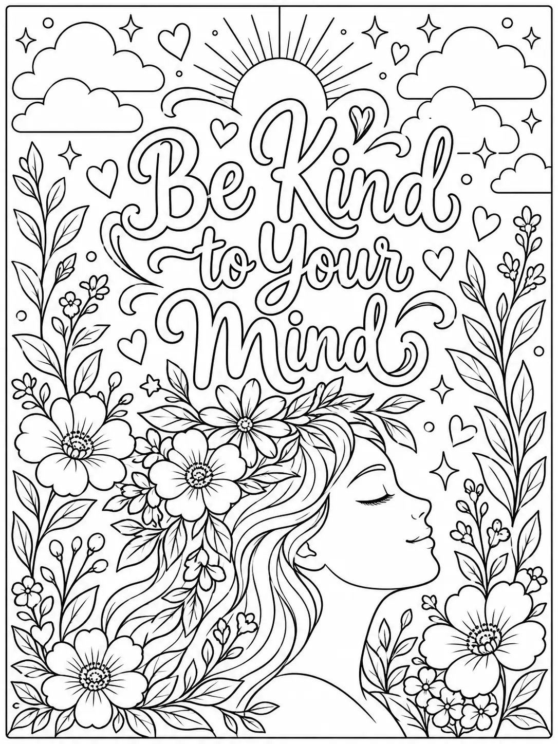 Be Kind to Your Mind quote coloring page with a woman's profile and flowers