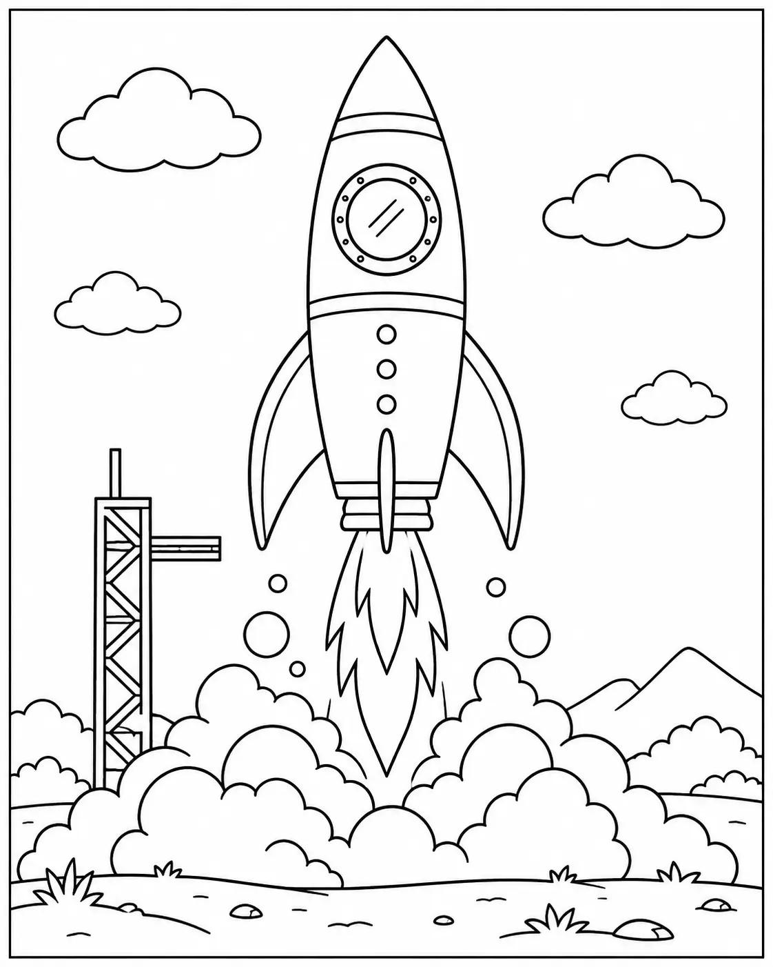 Classic rocket ship launching coloring page