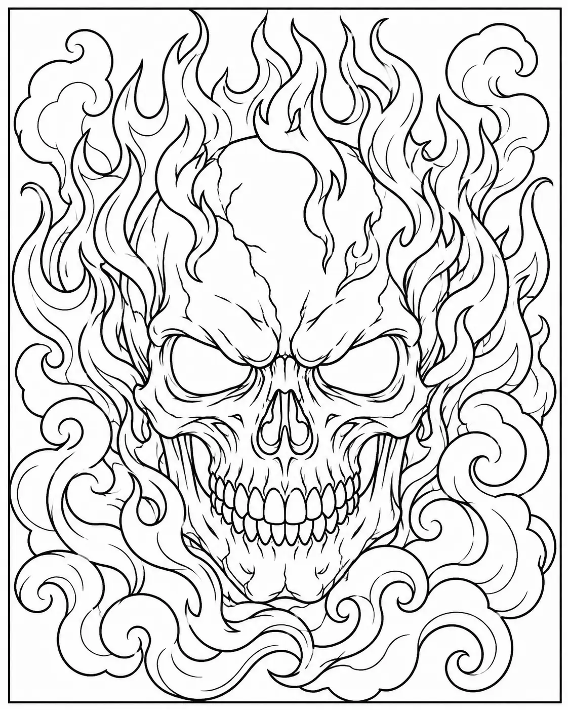 Flaming skull coloring page with swirling flames for adults