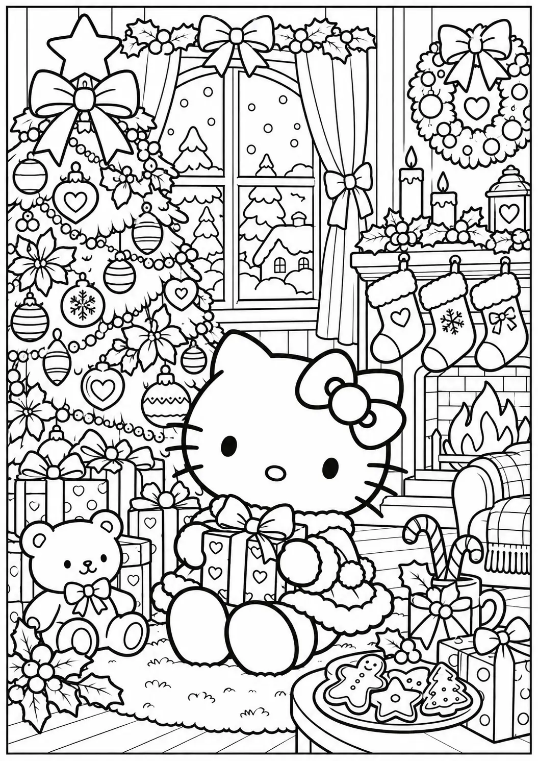 Hello Kitty Christmas room coloring page for adults
