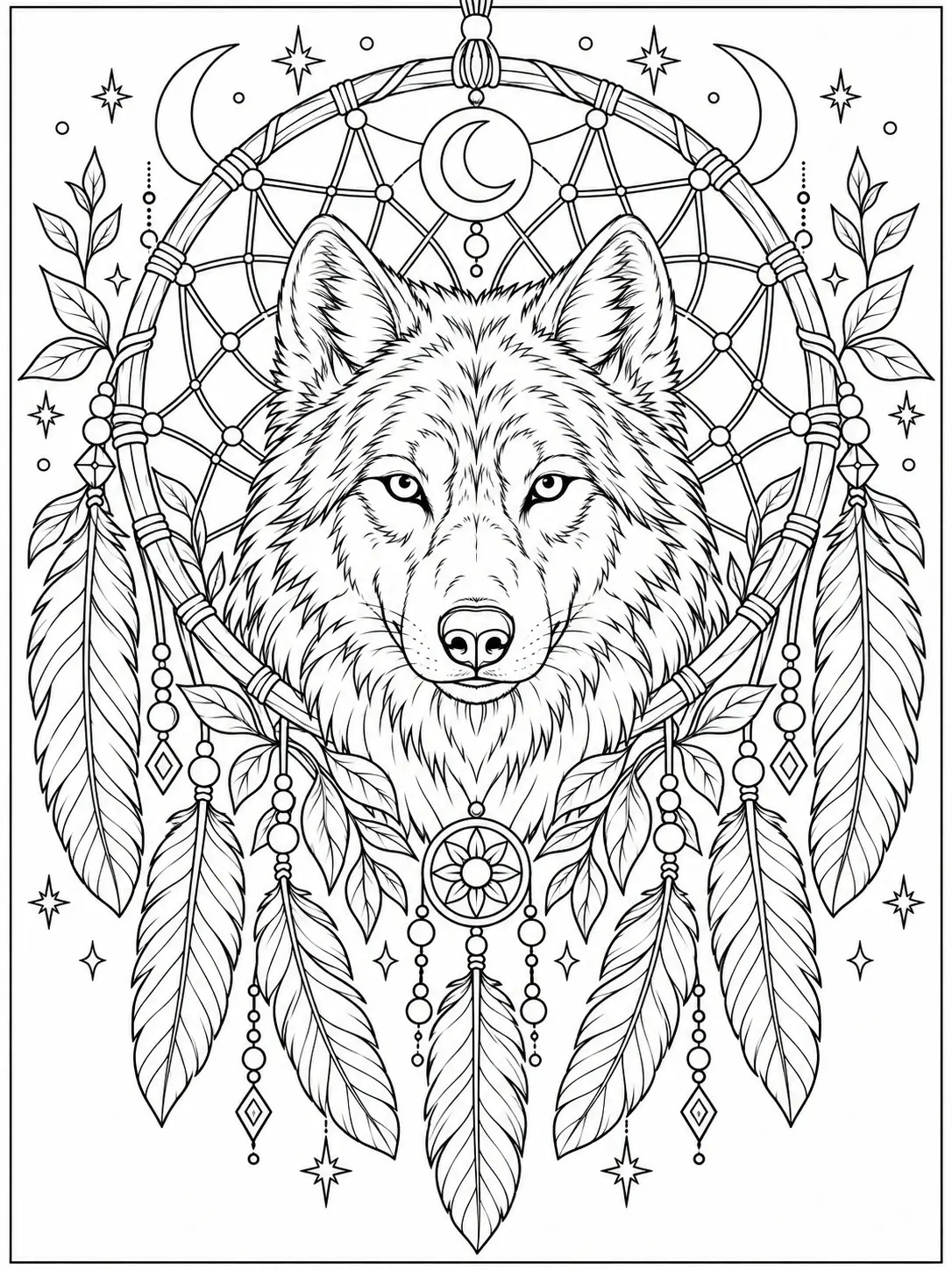 Wolf portrait inside a decorative dreamcatcher with feathers, moon and stars coloring page