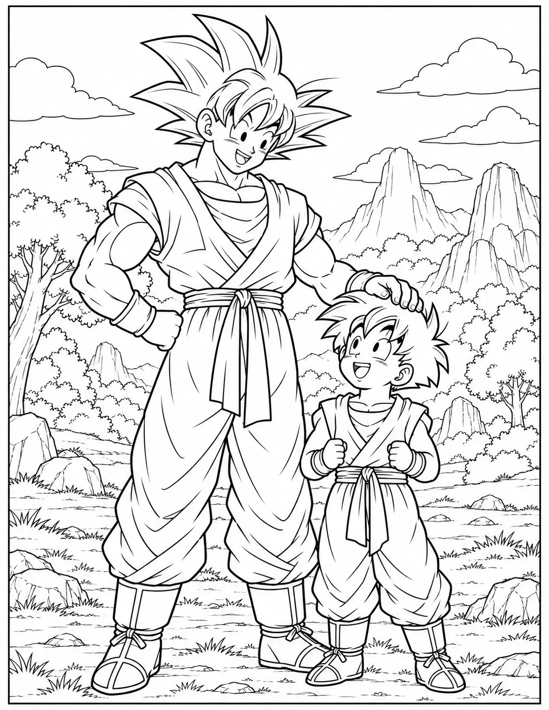 Goku standing with young Gohan in a mountain setting coloring page