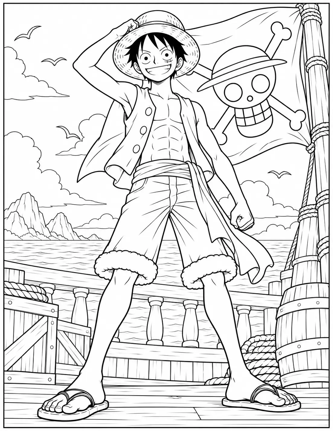Monkey D. Luffy with the Straw Hat pirate flag coloring page