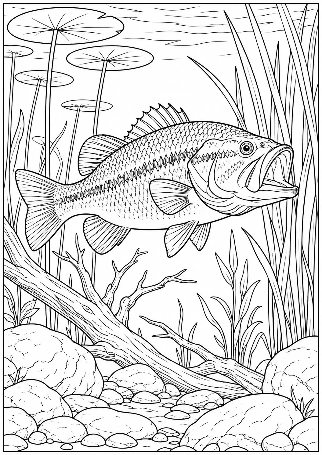 Largemouth bass among aquatic plants coloring page for adults