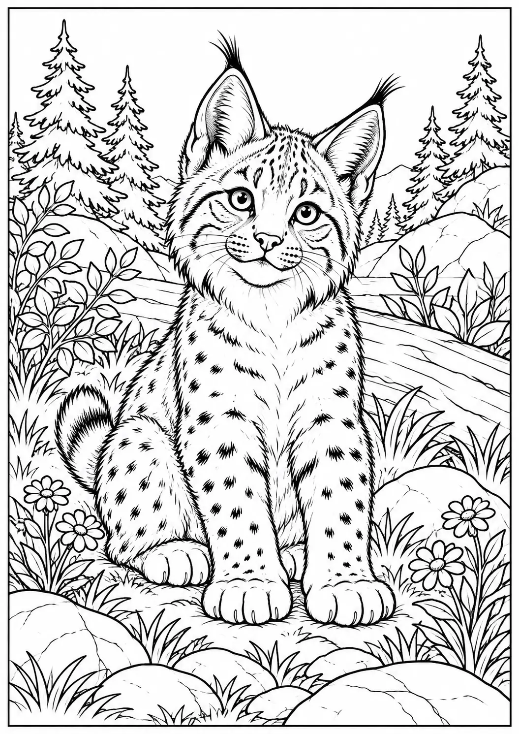 Cute bobcat kitten sitting among rocks, flowers, and pine trees coloring page