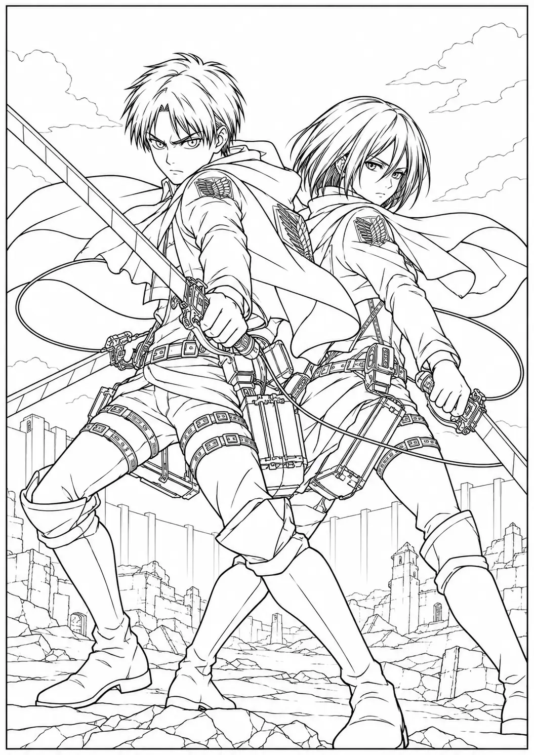 Eren and Mikasa together in Scout gear coloring page
