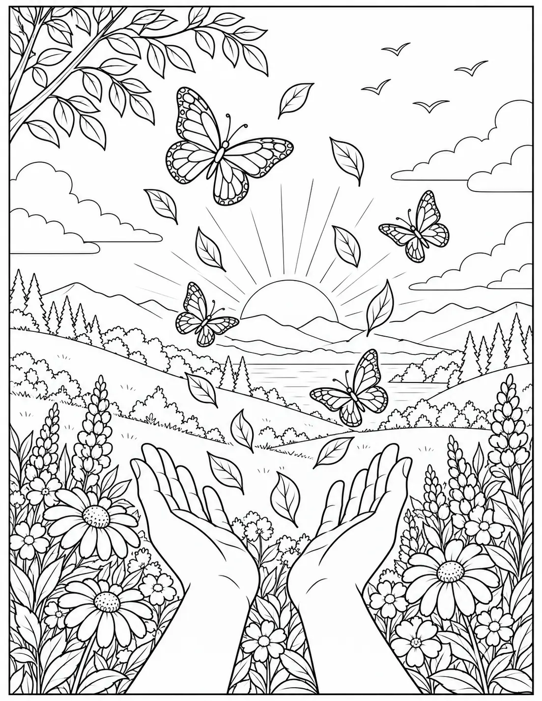 Hands releasing butterflies at sunrise recovery coloring page