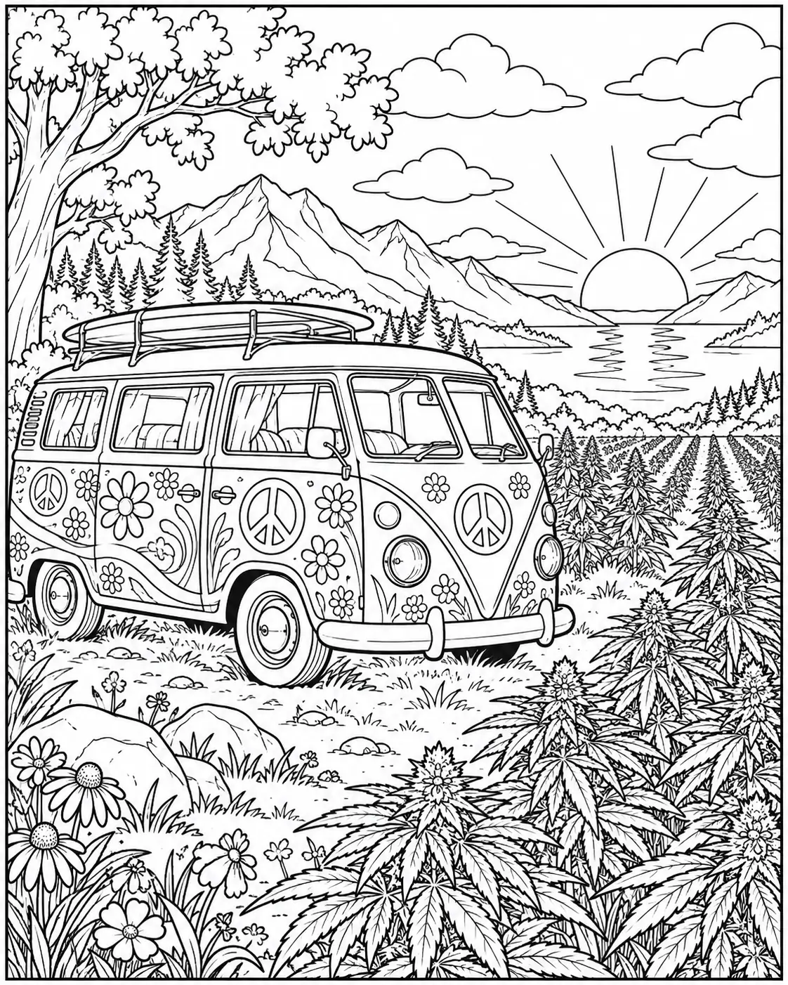 Hippie van beside a cannabis field at sunset coloring page