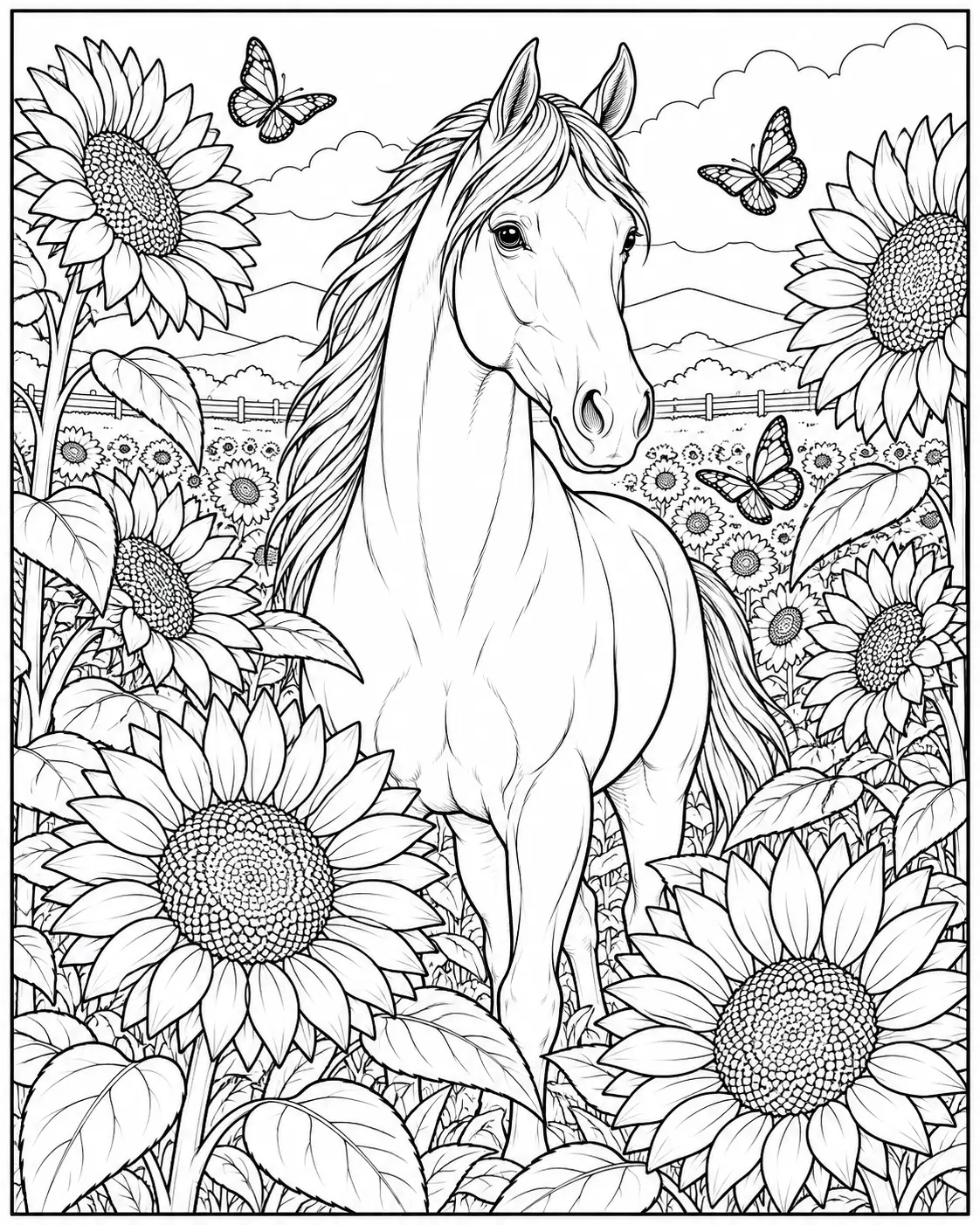 Horse standing among tall sunflowers and butterflies coloring page
