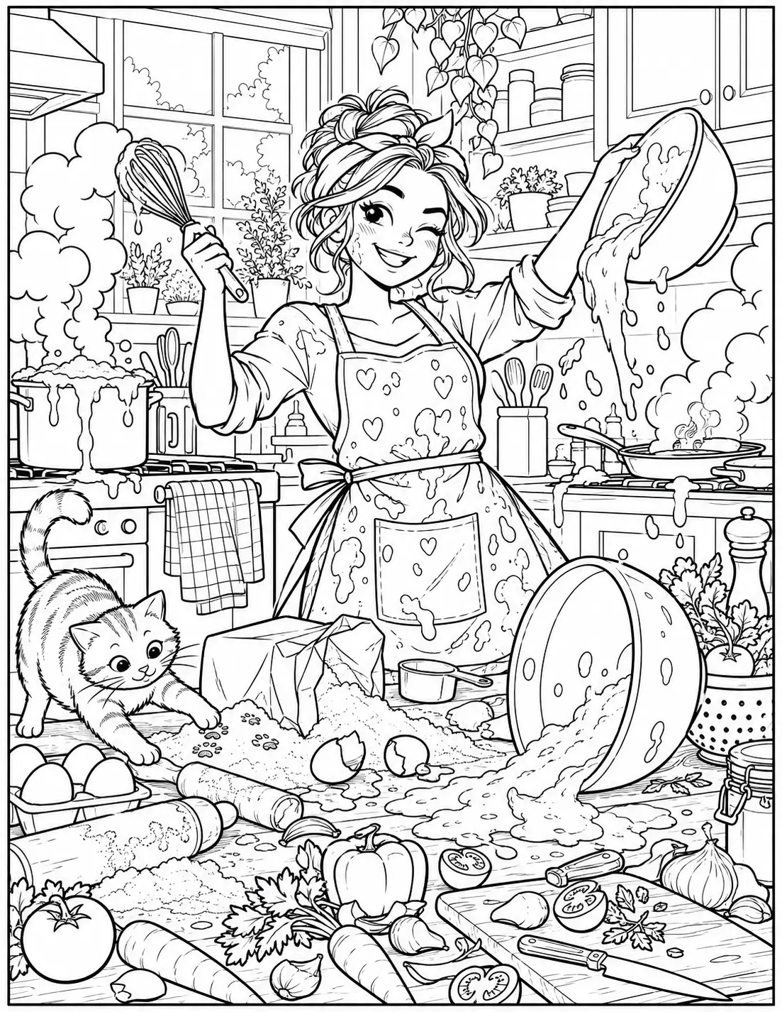 Funny adult coloring page of a home cook surrounded by a messy kitchen disaster