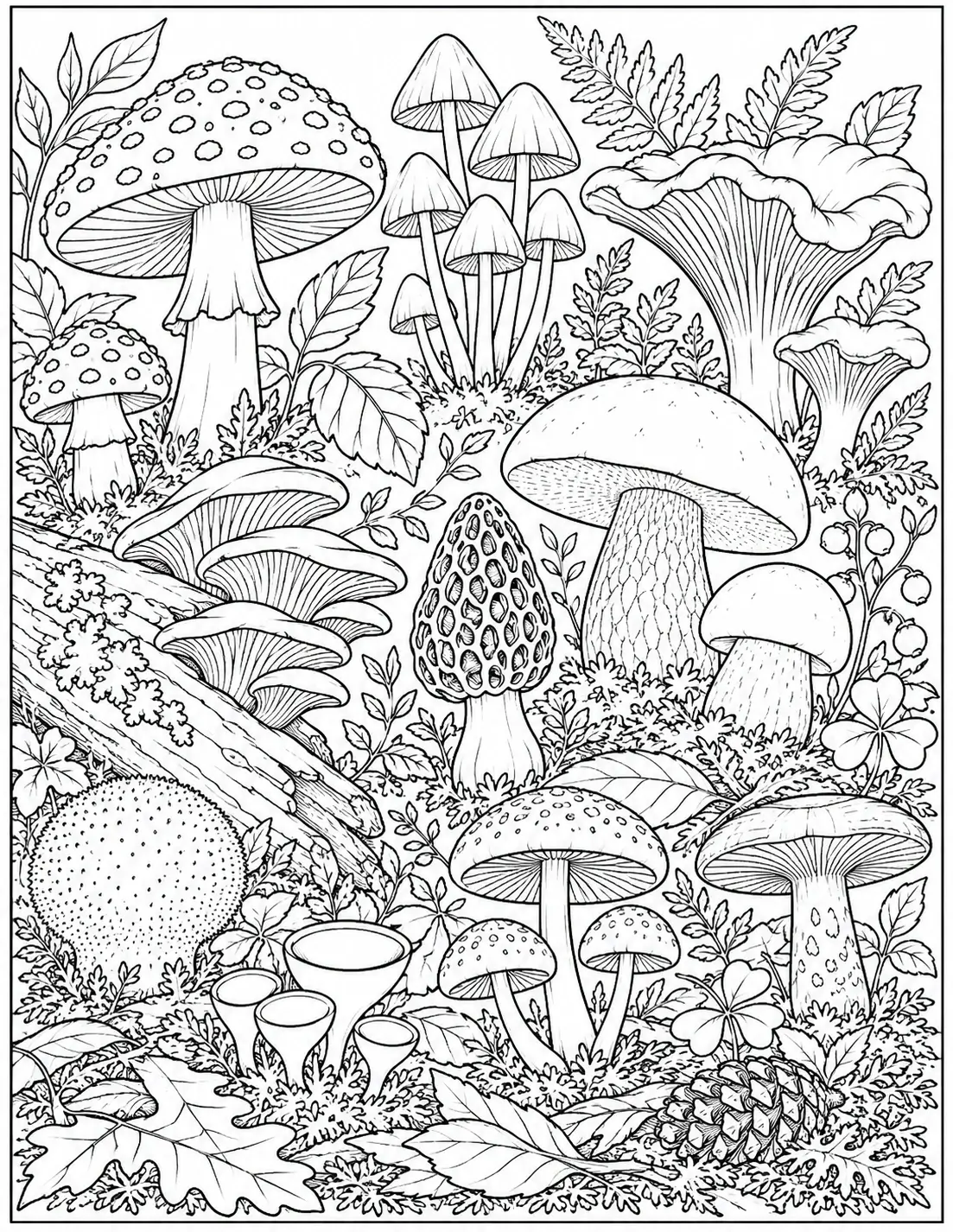 Wild mushroom garden coloring page with forest plants
