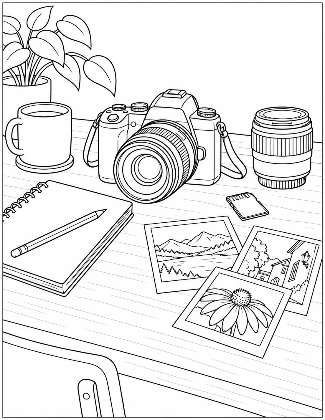 Photographer desk coloring page with camera, lens, notebook, memory card, photo prints, and coffee