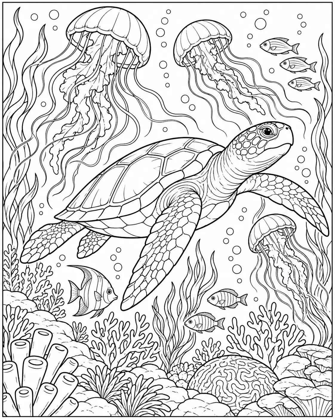 Sea turtle swimming with jellyfish coloring page