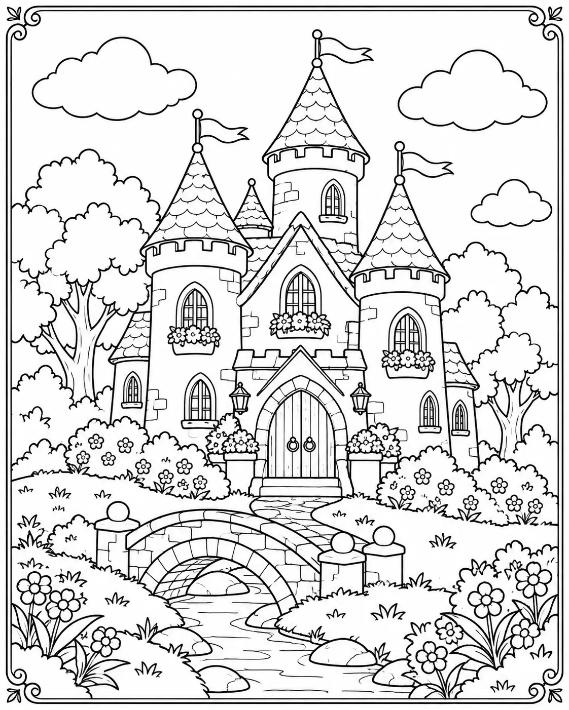 Small cottage castle with flower boxes, trees, stone bridge and stream coloring page