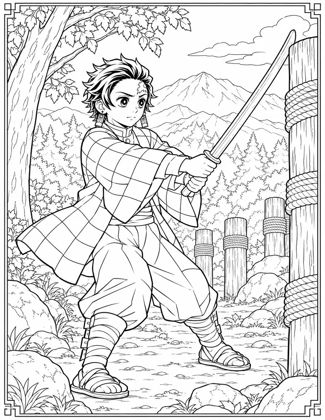 Tanjiro Kamado sword training in the mountains coloring page