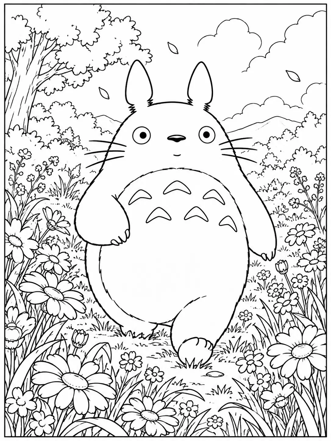 Totoro walking through a field of flowers coloring page