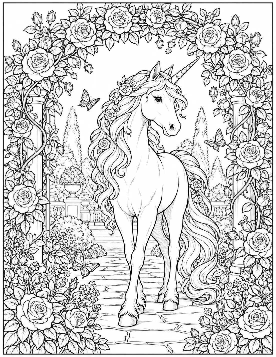 Unicorn beneath a rose-covered garden arch coloring page for adults