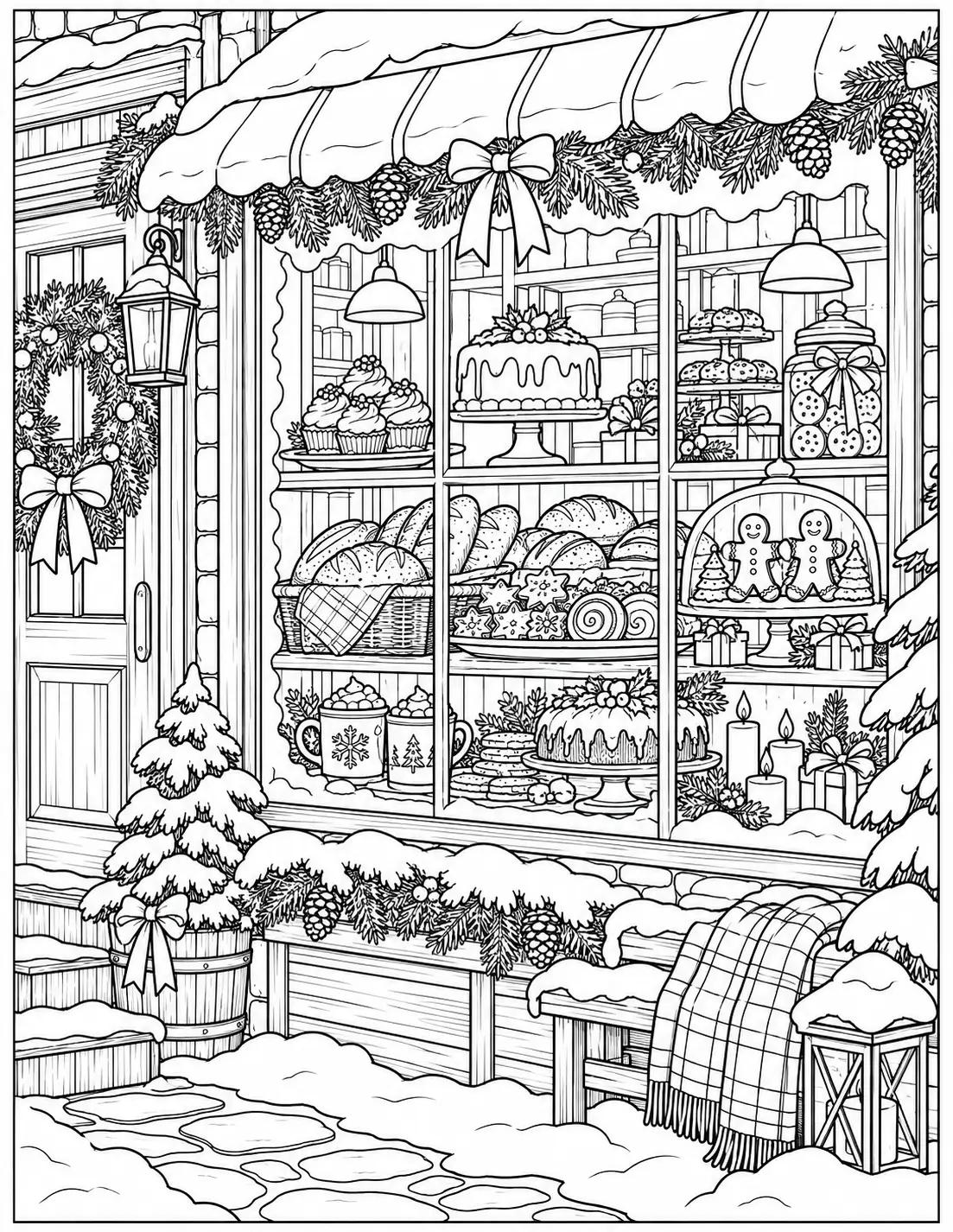 Winter bakery window with cakes, bread, cookies, and decorations coloring page