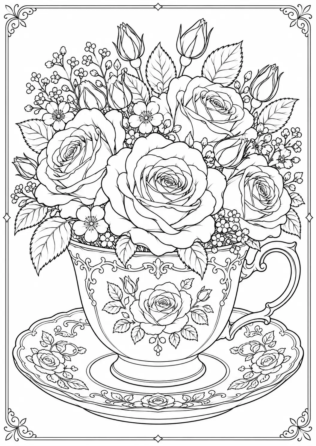 Rose teacup arrangement coloring page for adults