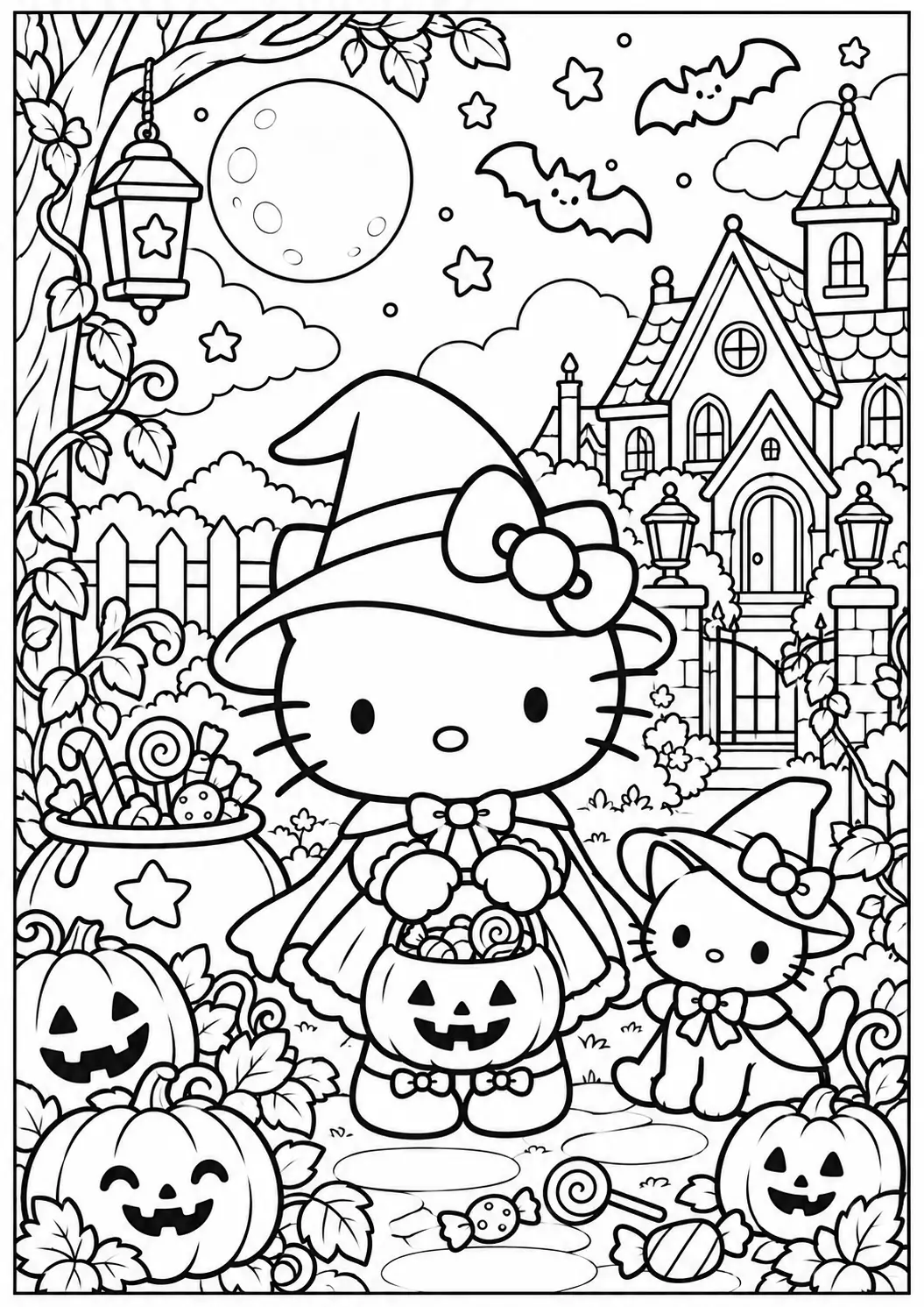 Hello Kitty Halloween night coloring page for adults