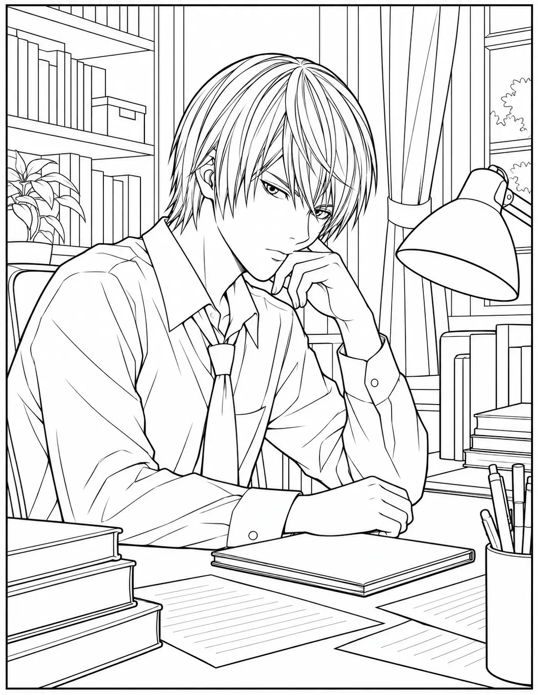Light Yagami sitting at his study desk coloring page