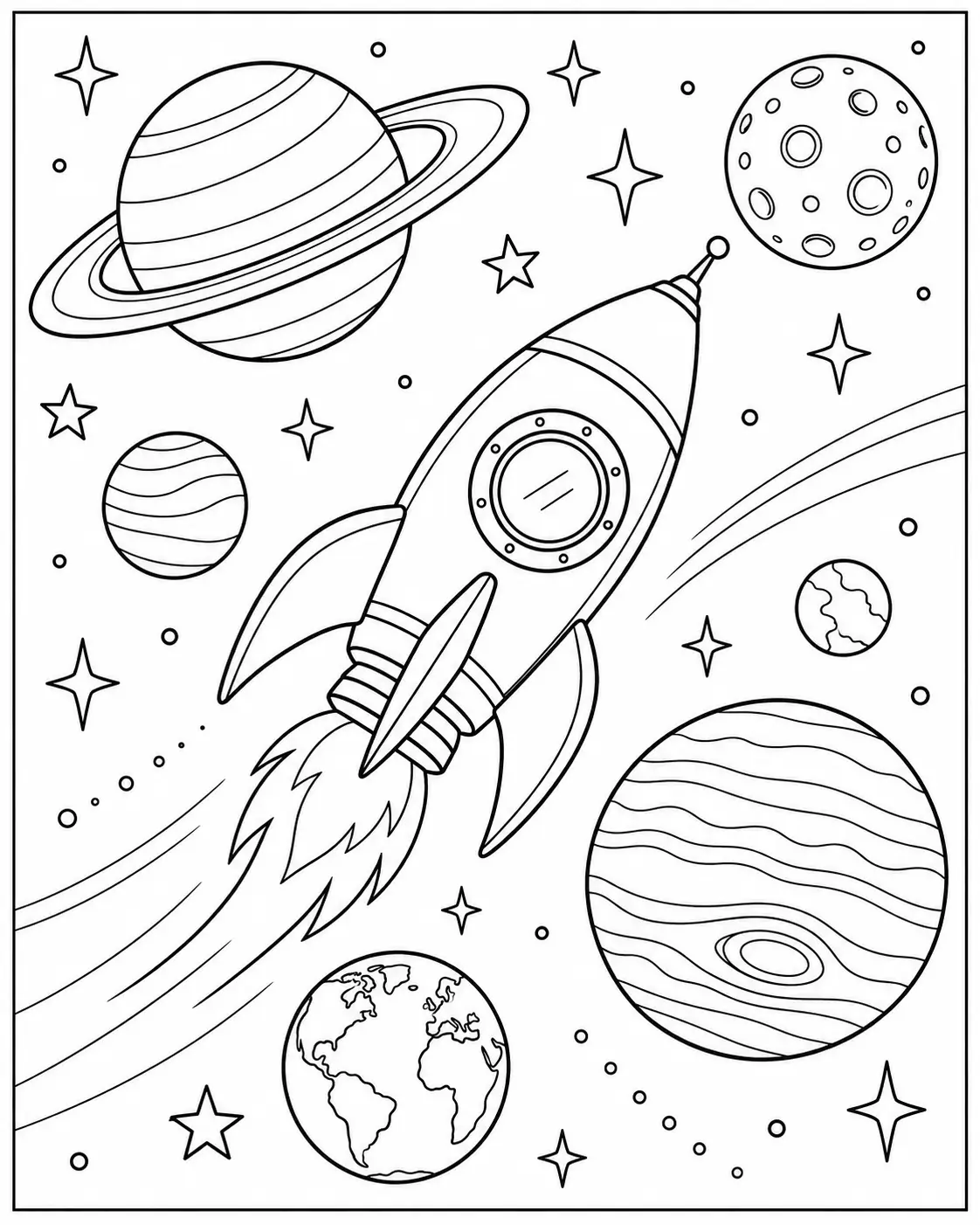 Rocket ship flying past planets in space coloring page