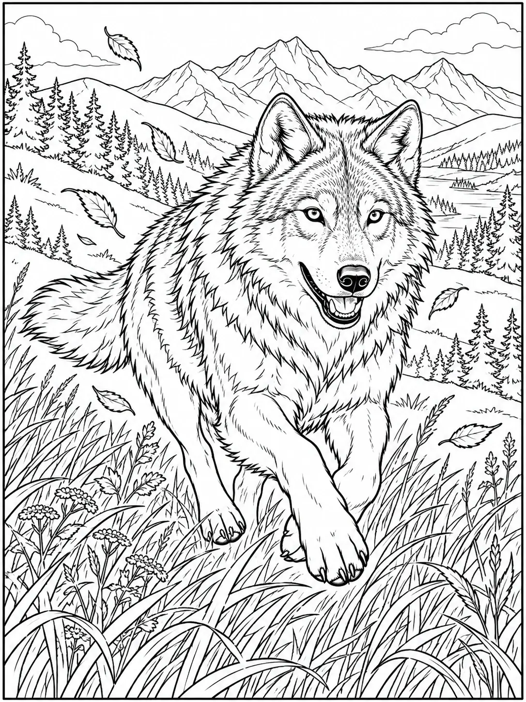 Running wolf through tall grass with mountains in the background coloring page